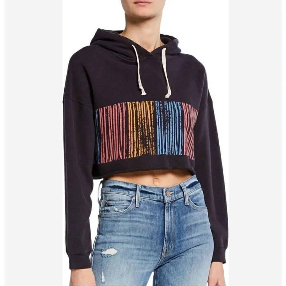 RE/DONE Graphic Print Crew Neck Hooded Cropped Sweatshirt NEW